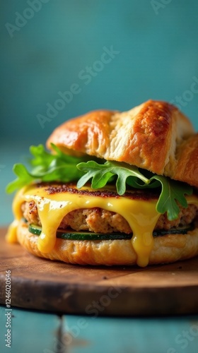 Delicious Savory Patty Melt Burger on a Crusty Bun with Leafy Greens and Melted Cheese Sauce photo