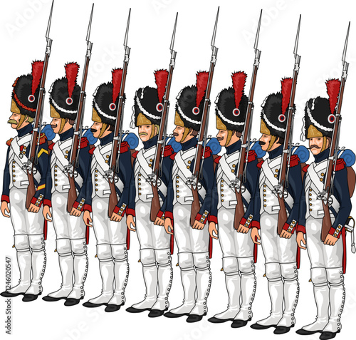 Napoleon's Grenadier Guard soldiers in line formation, wearing detailed 19th-century military uniforms with bearskin hats, holding muskets with bayonets, historical military art