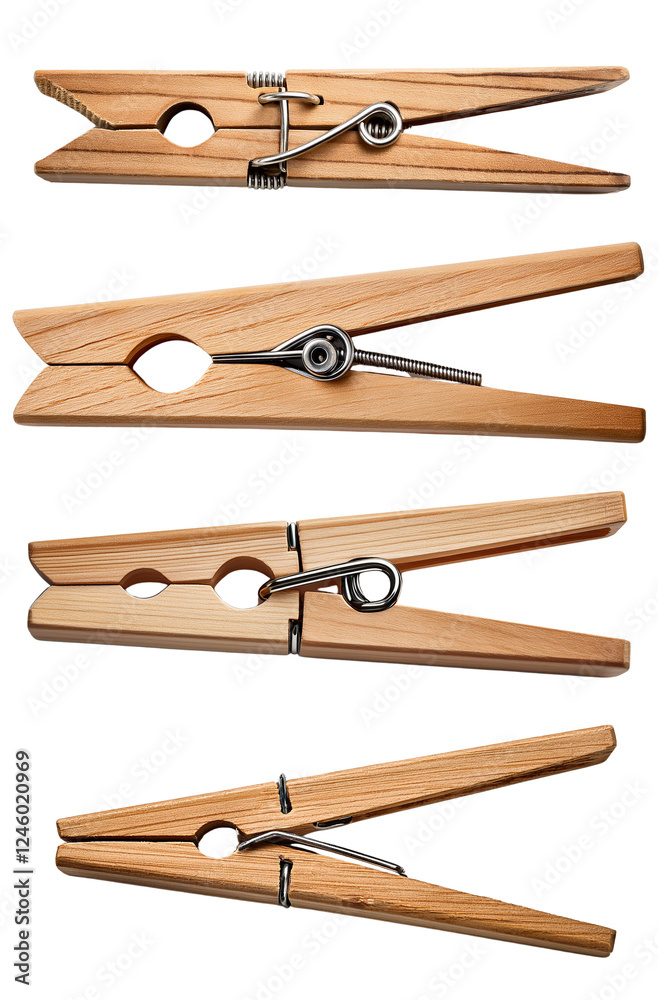 Clothespins in various positions showcasing their design and functionality. Clothespins in various positions showcasing their design and functionality.