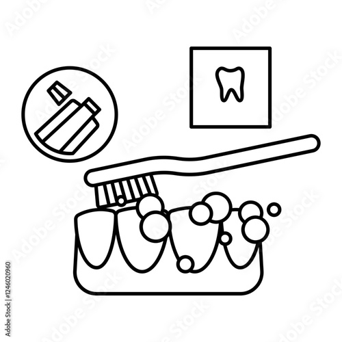Gently move the brush back and forth in short tooth-wide stroke concept, Brushing chewing surfaces of teeth vector icon design, Dentistry symbol, Healthcare sign, Dental instrument illustration
