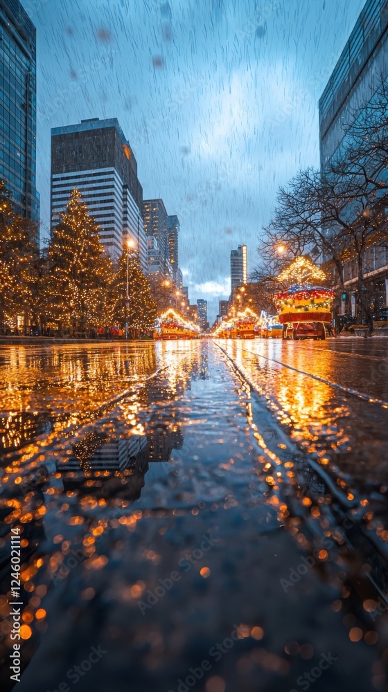 Nighttime holiday parade with illuminated floats in city streets wet pavement reflections magical atmosphere Nighttime holiday parade with illuminated floats in city streets wet pavement reflections magical atmosphere