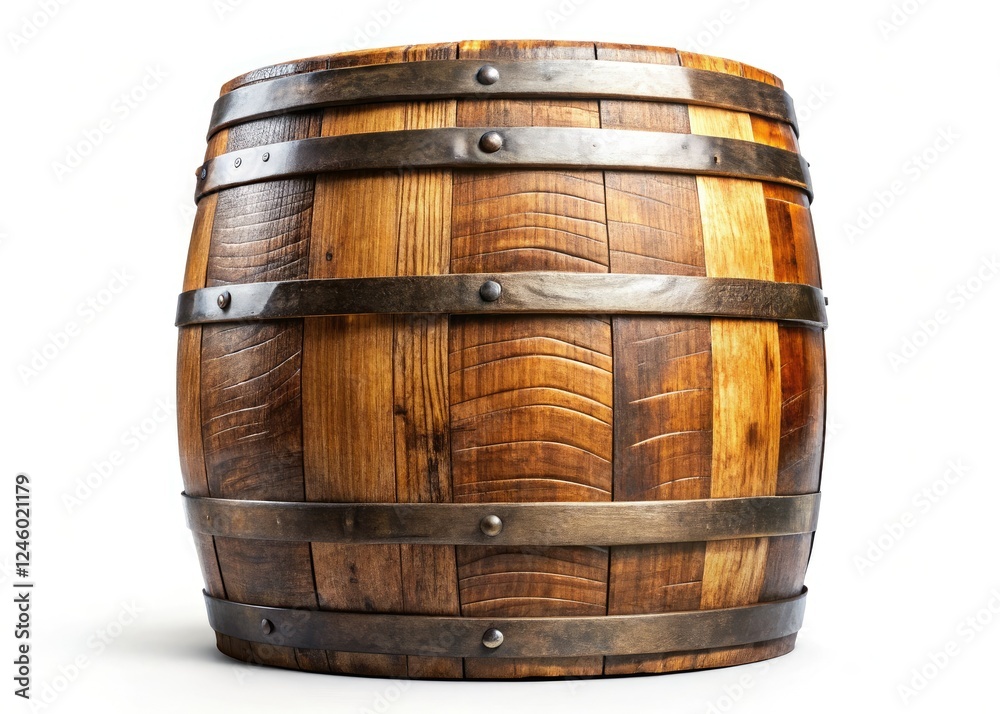 Obraz premium Rustic aged oak barrel, isolated PNG. Perfect for vintage, wine, or rustic designs. Aged wood texture.