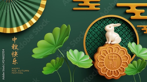 Traditional Chinese Happy mid autumn festival greeting banner 3d render illustration