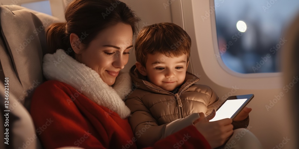 Mother and Child Enjoying Quality Time Together on Airplane Mother and Child Enjoying Quality Time Together on Airplane