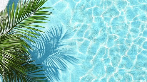 minimal photostock of a  Aqua waves and coconut palm shadow on blue background