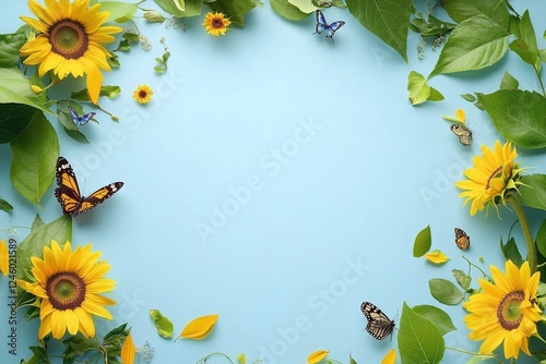 Yellow Sunflowers Green Leaves Butterflies on Light Blue Background with Summer Nature Theme