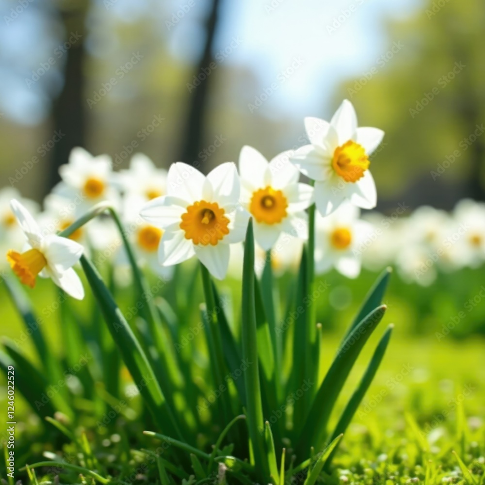 Narcissus flowers blooming on green grass in a sunny field, spring, white Narcissus flowers blooming on green grass in a sunny field, spring, white