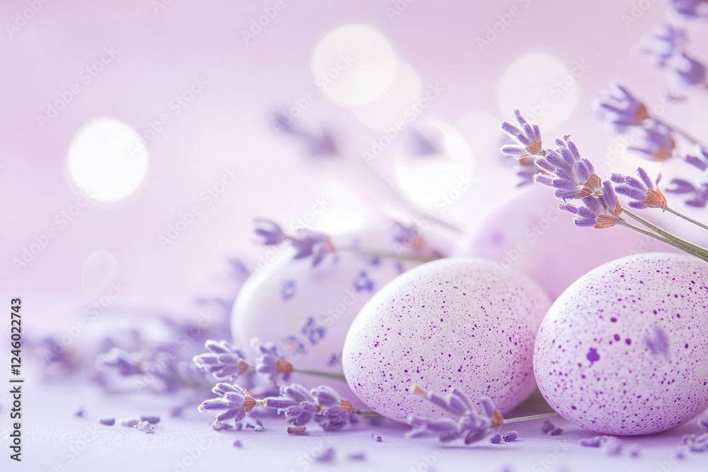 Pastel Speckled Easter Eggs and Lavender Flowers with Soft Purple Bokeh Background Pastel Speckled Easter Eggs and Lavender Flowers with Soft Purple Bokeh Background