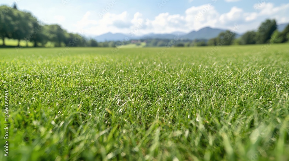 Fototapeta premium Lush green grass field, mountain background, sunny day, landscape view