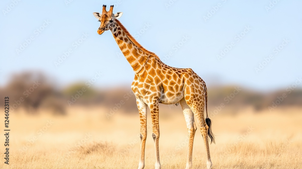 A graceful giraffe stands tall in a serene savannah landscape under a clear blue sky A graceful giraffe stands tall in a serene savannah landscape under a clear blue sky