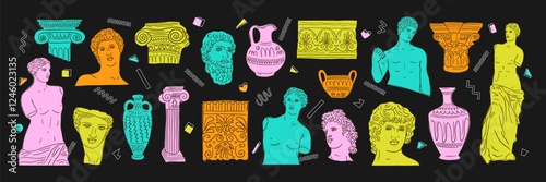 Greek ancient art set, various antique statues, sculptures. Heads, vase, body. Vector hand drawn illustrations, stickers in trendy modern style