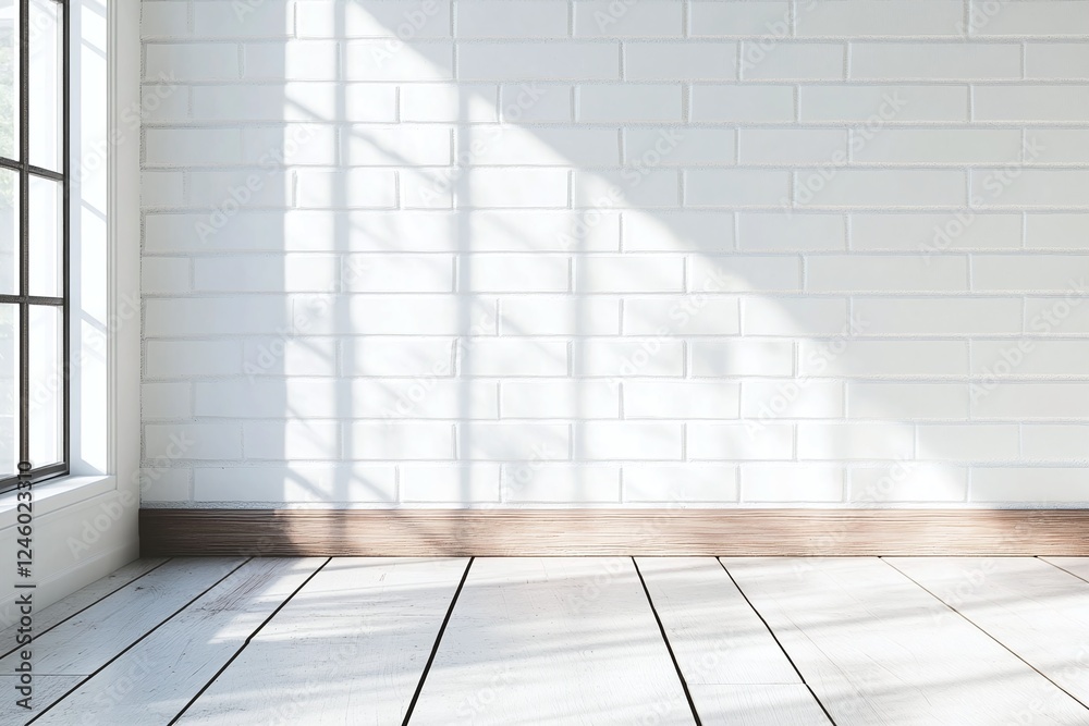 Obraz premium Bright Minimalistic Room Interior With White Brick Wall Natural Light And Wooden Floor Planks