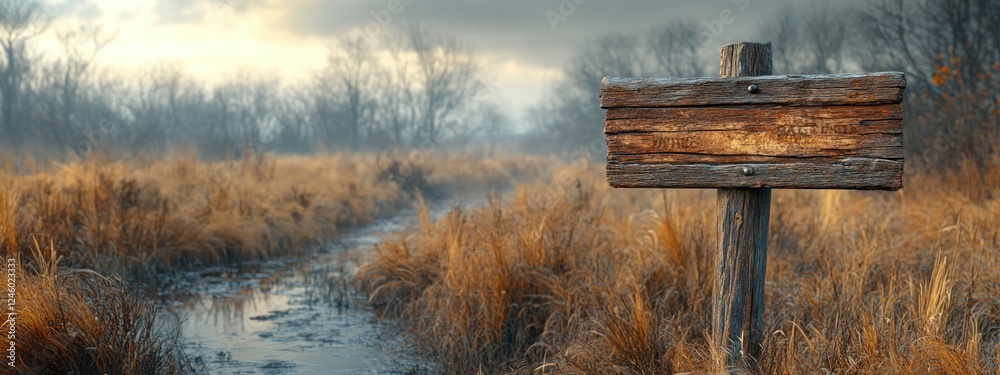 Naklejka premium Rustic Wooden Signpost in Serene Landscape with Directional Arrows and Weathered Texture