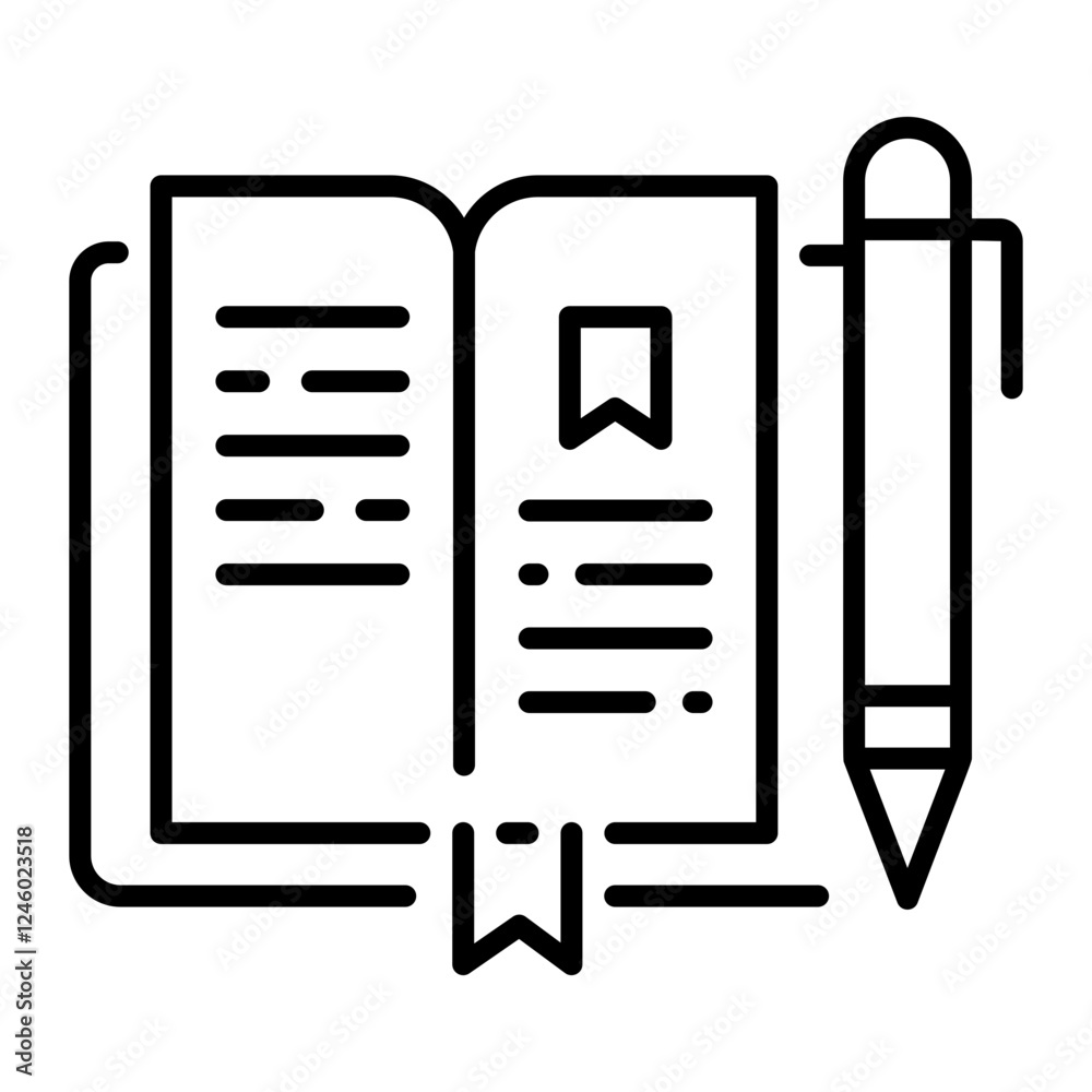 A linear style icon of an academic journal with pen A linear style icon of an academic journal with pen