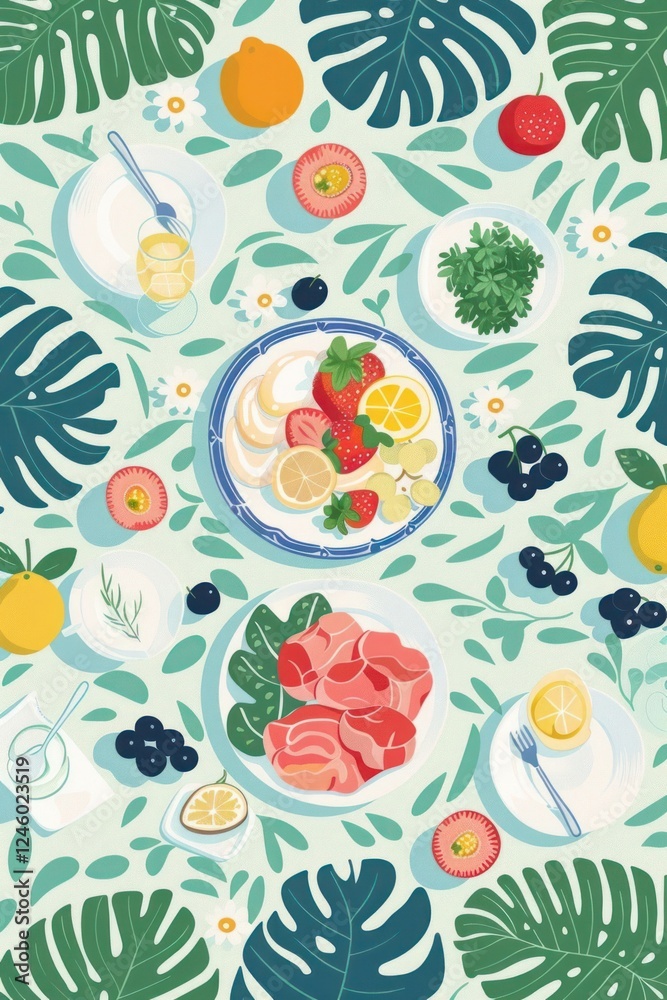 A vibrant and colorful flat lay of fresh fruits and salad on a tropical-themed table setting A vibrant and colorful flat lay of fresh fruits and salad on a tropical-themed table setting