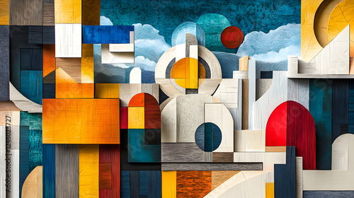 cubist paper-crafted landscape with disjointed perspectives and abstract elements 
