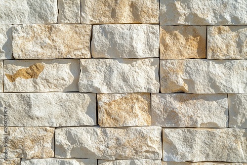 Closeup of Textured Beige and White Stone Brick Wall in Bright Sunlight for Architecture and Design photo