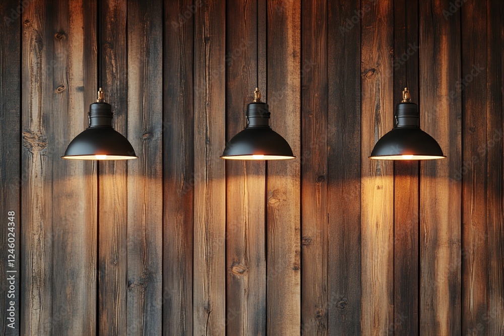 Row of Modern Black Pendant Lamps with Warm Light Against Rustic Wooden Wall Background Row of Modern Black Pendant Lamps with Warm Light Against Rustic Wooden Wall Background