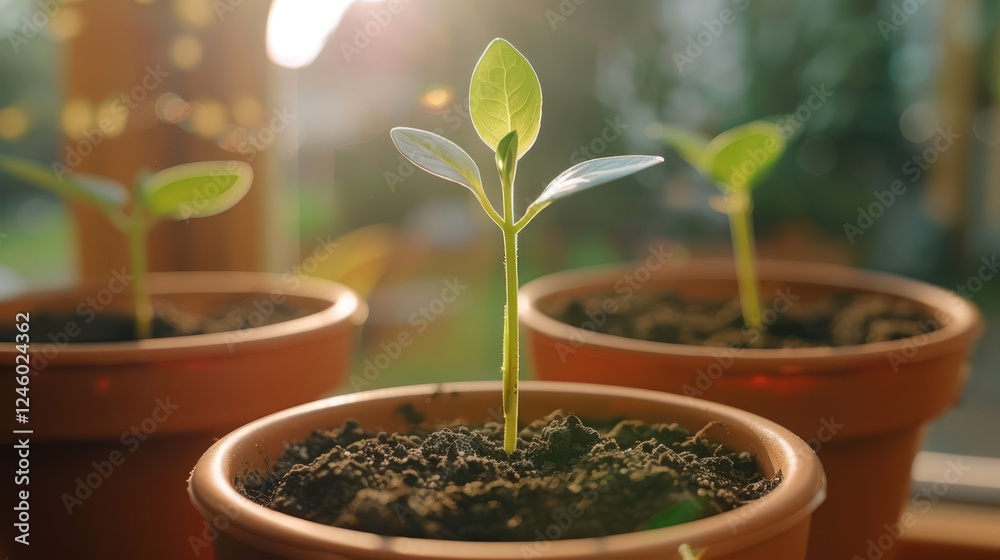 Young green plants sprouting in pots on a sunny windowsill with a serene garden view Young green plants sprouting in pots on a sunny windowsill with a serene garden view