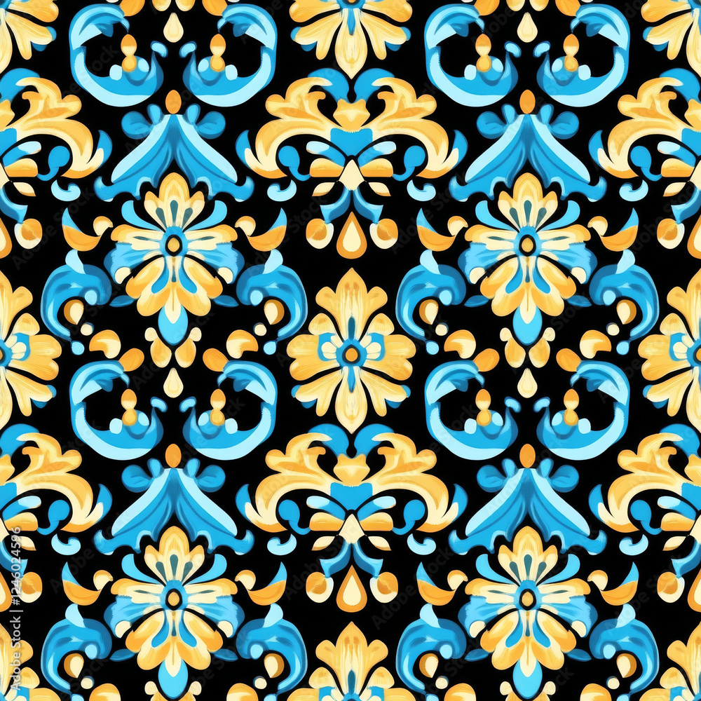 Fototapeta premium Ornate floral pattern with blue and yellow elements