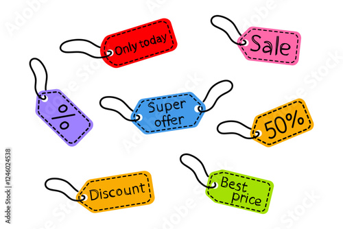 Colorful sale tags display various discounts and offers for shoppers seeking great deals on a busy shopping day