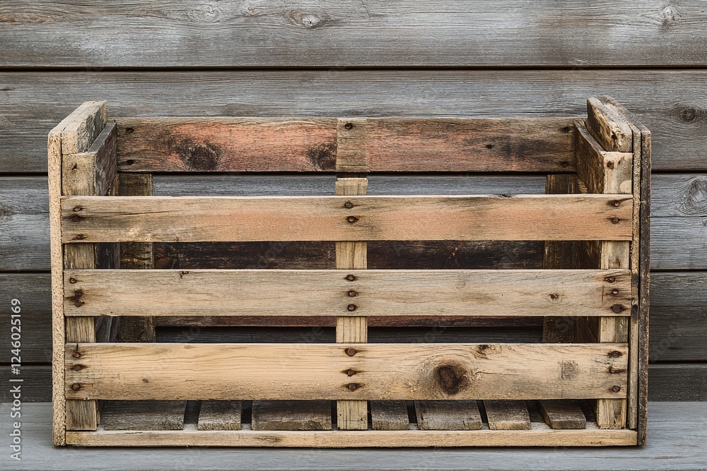 Rustic Wooden Crate Empty Rectangular Box Against Weathered Wood Wall for Storage or Decoration Rustic Wooden Crate Empty Rectangular Box Against Weathered Wood Wall for Storage or Decoration