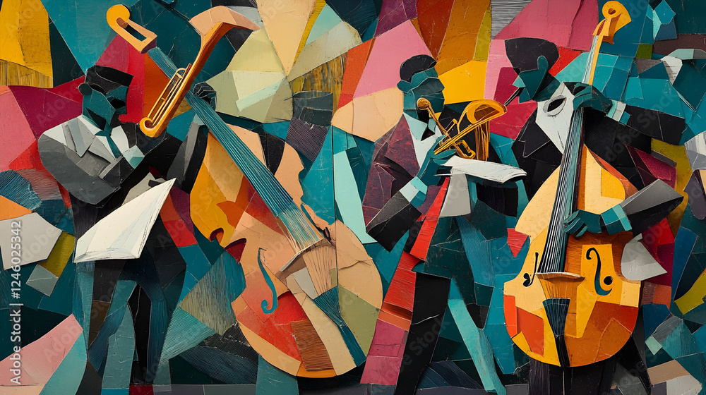paper-cut collage of a jazz band with fragmented instruments and layered figures paper-cut collage of a jazz band with fragmented instruments and layered figures