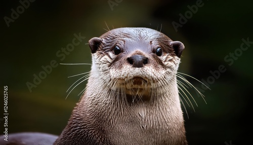 Intriguing Closeup of a Small Clawed Otter Amblonyx cinereus Peering Curiously at the Camera in a Tropical Rainforest Environment photo