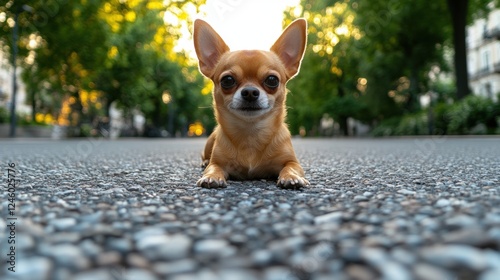 Fototapeta Naklejka Na Ścianę i Meble -  Charming Chihuahua Posing on a Quiet Street Surrounded by Trees
