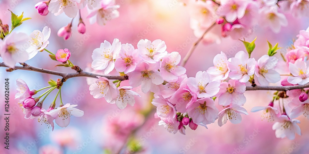 Soft pink cherry blossoms bloom, a dreamy spring scene perfect for wallpaper. Ample copy space. Soft pink cherry blossoms bloom, a dreamy spring scene perfect for wallpaper. Ample copy space.
