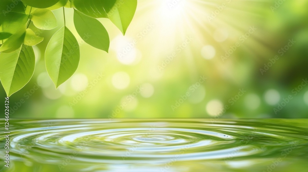 Fresh Green Leaves with Gentle Ripples on Water Surface