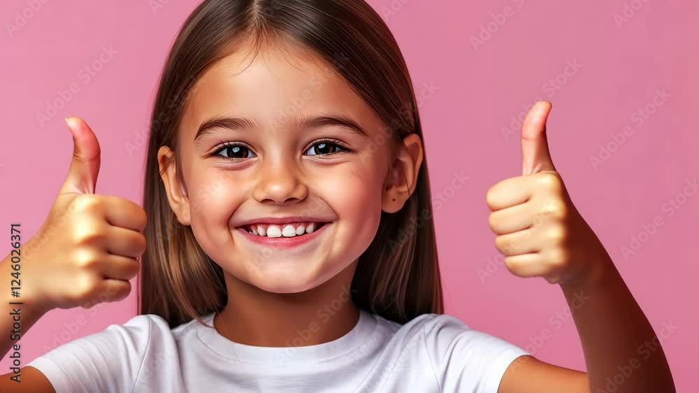 Young girl with long brown hair is smiling and giving a thumbs up. Concept of happiness and positivity Young girl with long brown hair is smiling and giving a thumbs up. Concept of happiness and positivity