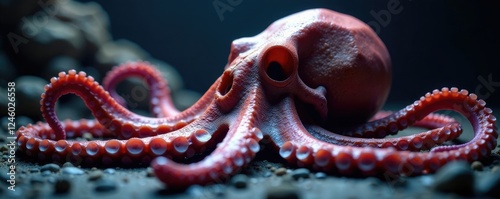 Octopus skull with bony tentacles in a dimly lit environment, dimly lit, octopus