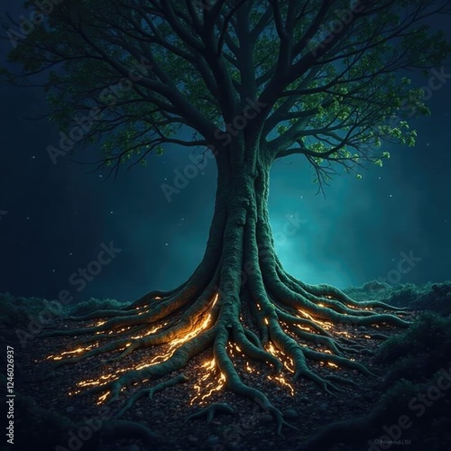 glowing tree roots extending into unknown depths, ancient, dark, underground
