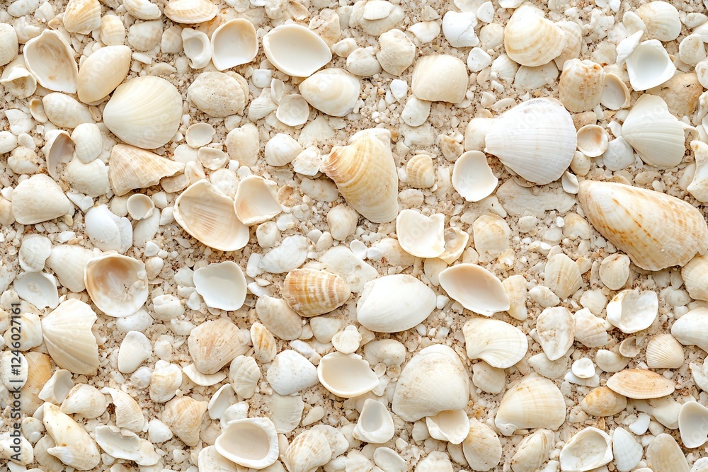 Beige and White Seashells on Sandy Surface Natural Texture Coastal Beach Background Beige and White Seashells on Sandy Surface Natural Texture Coastal Beach Background