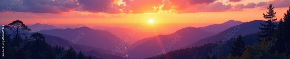 Obraz premium Ombre sunset on a mountain range with wispy clouds and trees, foliage, natural, mountains