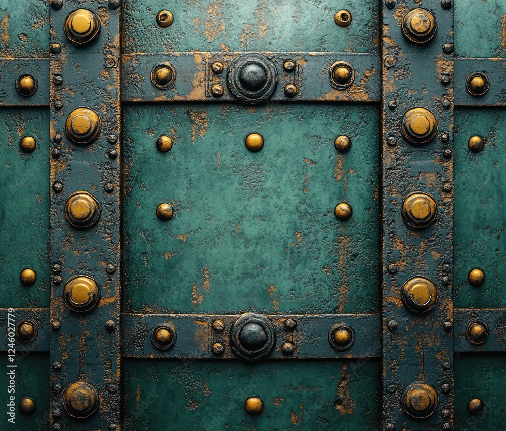 Fototapeta premium green military steel armor background with metallic rivets and textured surface