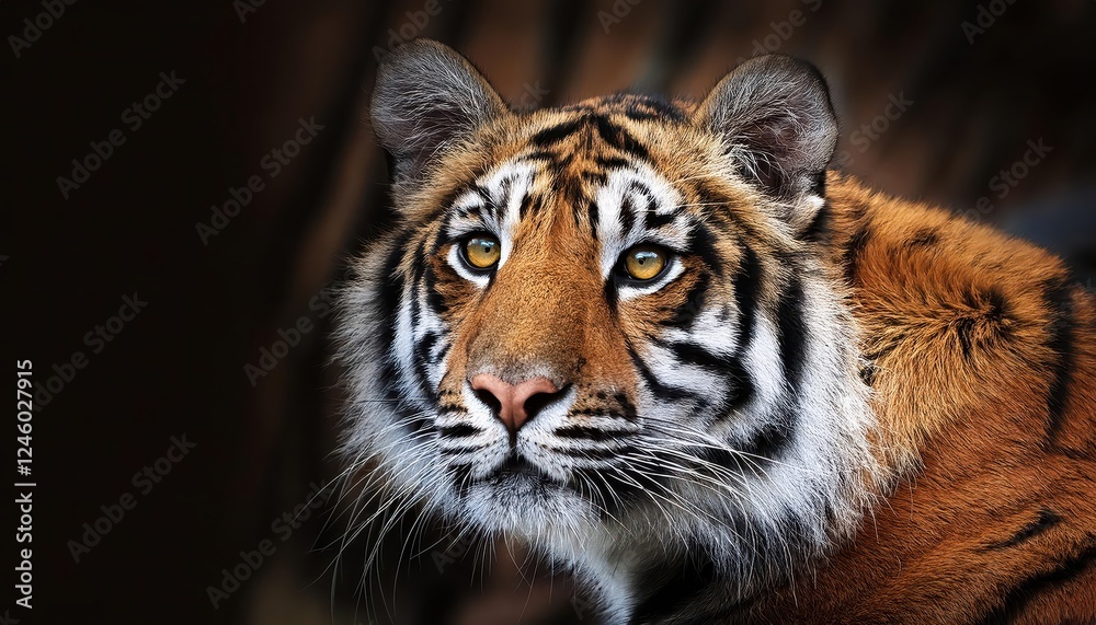 Fototapeta premium Majestic Bengal Tiger Gazes Intently, Captured in the Wilderness with a Rich, Autumnal Palette, Showcasing Sharp Features and Vibrant Eyes.