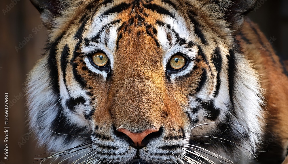 Naklejka premium Intense Moment Closeup of a Tiger Studying Me with Keen Interest, Captured in the Wilderness at Dusk