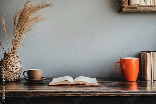 Cozy Workspace with Open Book Coffee Mugs and Rustic Decor on Wooden Desk with Soft Gray Wall