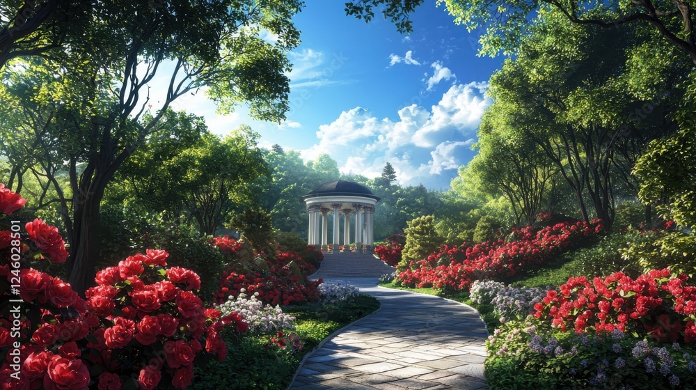 Obraz premium Romantic stroll pathway serene garden image floral environment inviting gazebo concept