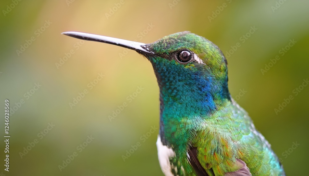 Naklejka premium Majestic WhiteThroated Mountaingem Perched on a Misty Mountain Peak, Capturing the Beauty of Natures Palette with Soft Hues and Dynamic Textures in a Serene Sunrise Scene.