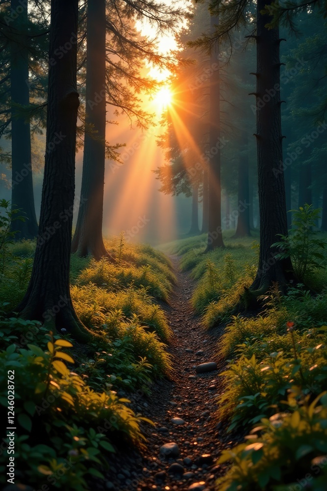 Fototapeta premium Warm light spills over the forest floor at dusk, terrain, scenery