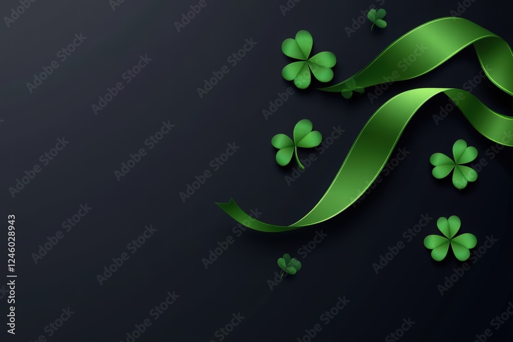 St. Patrick's Day greeting card design with a green ribbon and shamrock on a dark background. Saint Patrick's Day concept design for a web banner template and presentation St. Patrick's Day greeting card design with a green ribbon and shamrock on a dark background. Saint Patrick's Day concept design for a web banner template and presentation