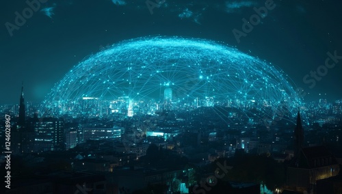 Global network dome over illuminated cityscape at night; tech concept