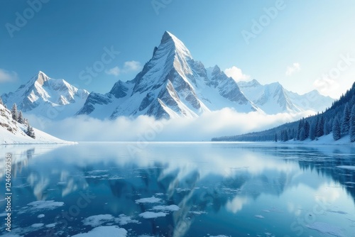 Snowy clouds conceal Zugspitze peak on icy lake surface, snow, frozen