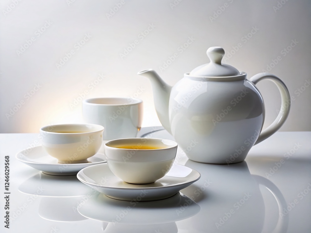 Panoramic View of a Modern White Tea Set on a Clean Background Panoramic View of a Modern White Tea Set on a Clean Background