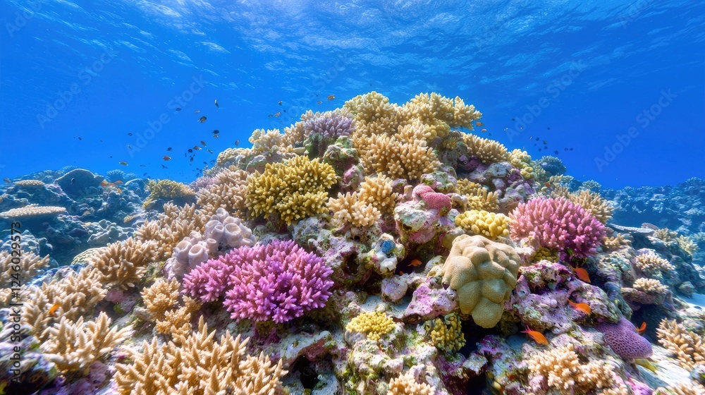 Obraz premium Vibrant coral reef teeming with fish, underwater scene, ocean background, nature documentary