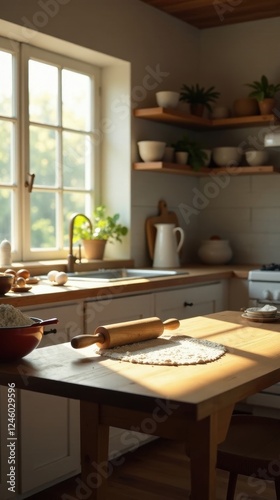 Wallpaper Mural Sunlit Kitchen Table with Rolled Dough and Baking Utensils Torontodigital.ca