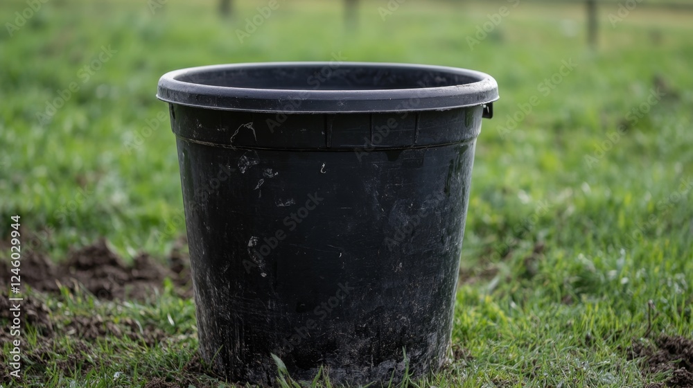 Black Plastic Plant Pot in a Garden Black Plastic Plant Pot in a Garden